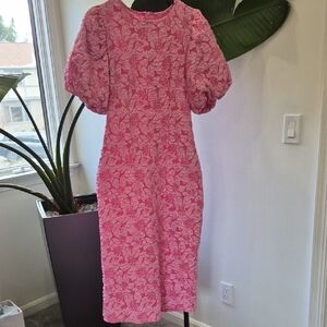 SHEIN Pink Floral Textured Puff-Sleeve Midi Dress